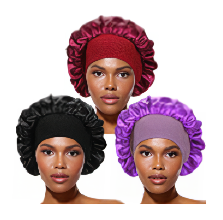 3 Pieces Wide Band Satin Cap Sleep Bonnet