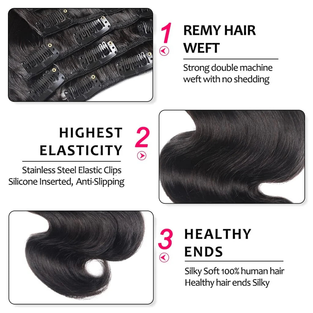 24" Body Wave 100% Human Hair Extensions Clip in-8Pcs Natural Black 1b