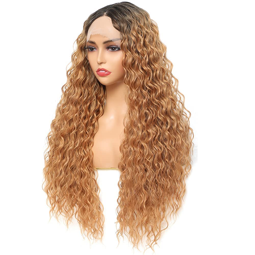 Sylhair Curly Lace Front Wig 30" Dark Root Ombre Red Brown Water Wave Hair Wig Transparent Lace Wig