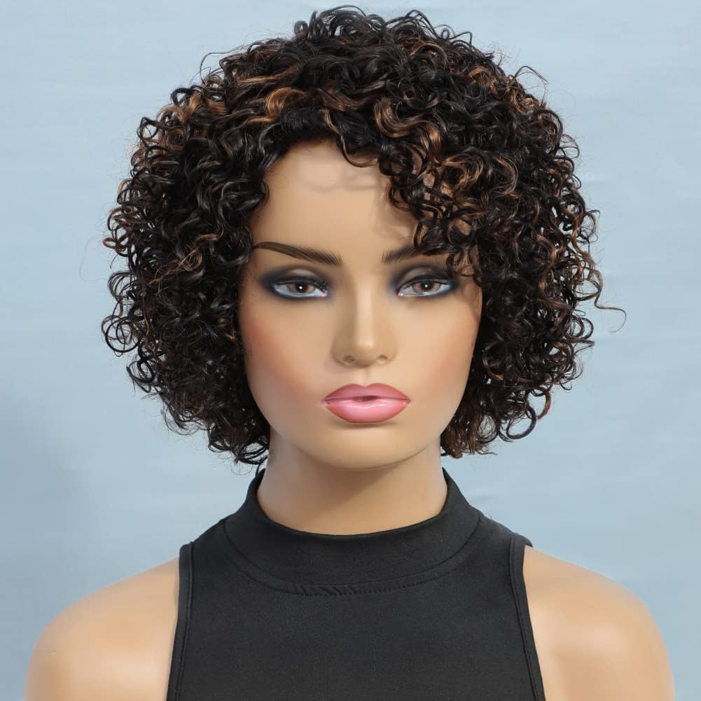 Short Curly Human Hair Wig Human Hair Curly Wig Non Lace Glueless Wigs Human Hair Side Part Wigs (2#)