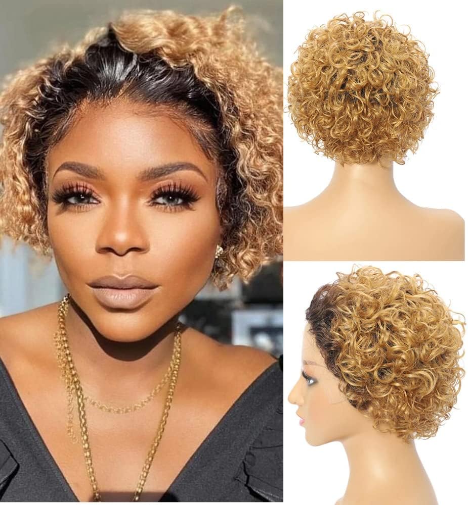 Fereowth Ombre Short Curly Lace Front Wigs Human Hair Wigs for Black Women Brown 1B/27 Pixie Cut Wigs Human Hair Short Curly Human Hair Wigs Pre Plucked with Baby Hair 150% Density