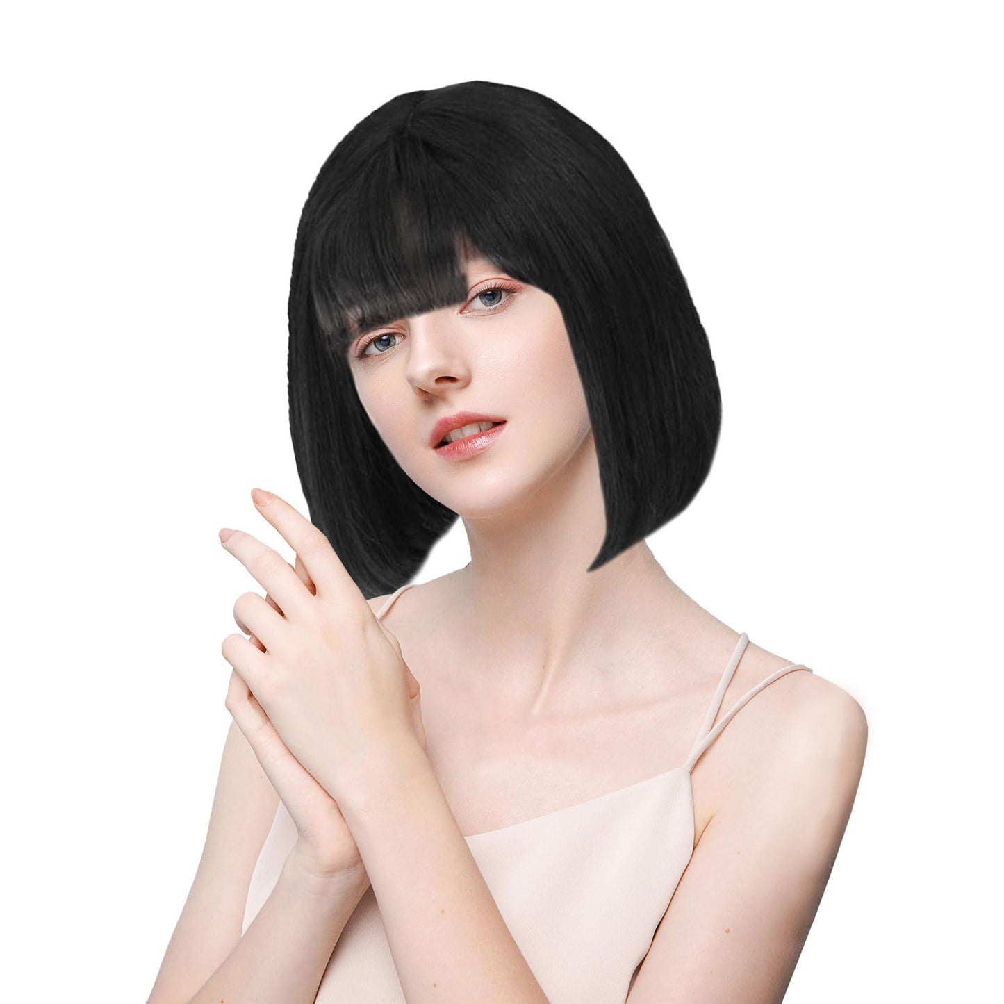 EUPSIIU Short-length Synthetic Straight Wig Black,Short Straight Wigs Flat Bangs Wigs,Short Straight Wig Heat Resistant Hair, (Black)