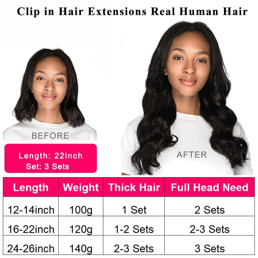 24" Body Wave 100% Human Hair Extensions Clip in-8Pcs Natural Black 1b