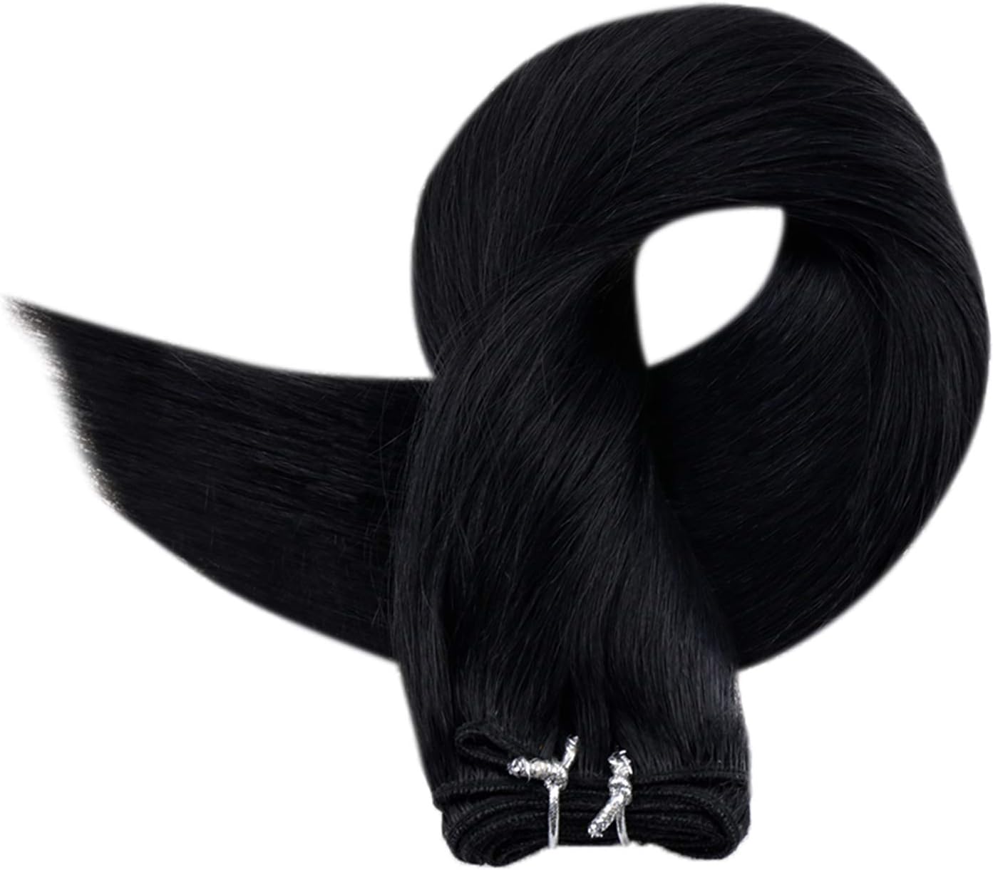 RUNATURE Weft Hair Extensions Real Human Hair Black Double Weft Hair Extensions Sew in Black Human Hair Weft Extensions Straight 16 Inch 100g
