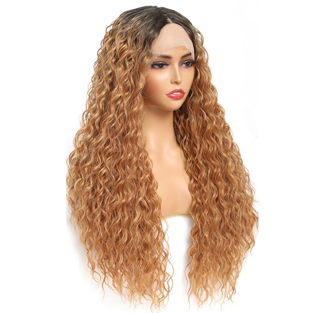 Sylhair Curly Lace Front Wig 30" Dark Root Ombre Red Brown Water Wave Hair Wig Transparent Lace Wig
