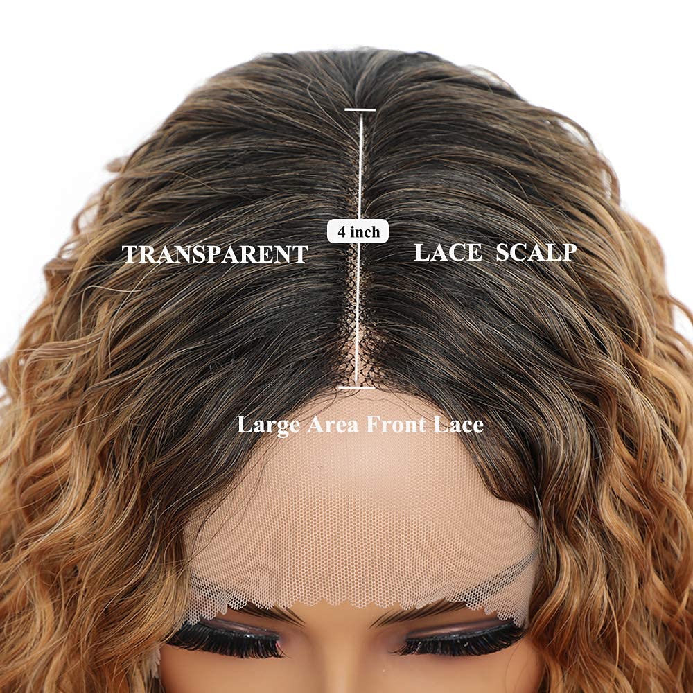 Sylhair Curly Lace Front Wig 30" Dark Root Ombre Red Brown Water Wave Hair Wig Transparent Lace Wig