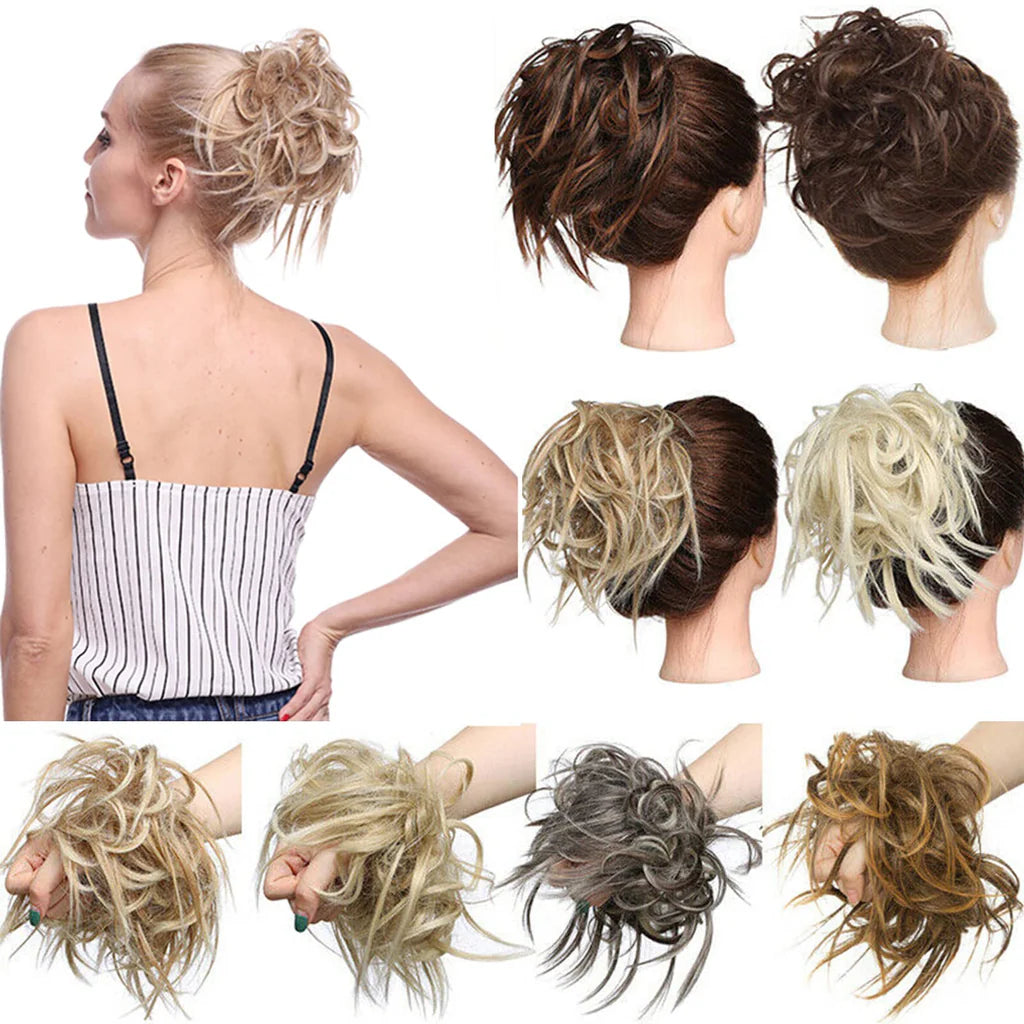 Tousled Updo Messy Bun Hair Piece Scrunchies Wavy Bun Extensions Rubber Band Elastic Scrunchie Chignon Instant Ponytail Hairpiece for Women Light Brown