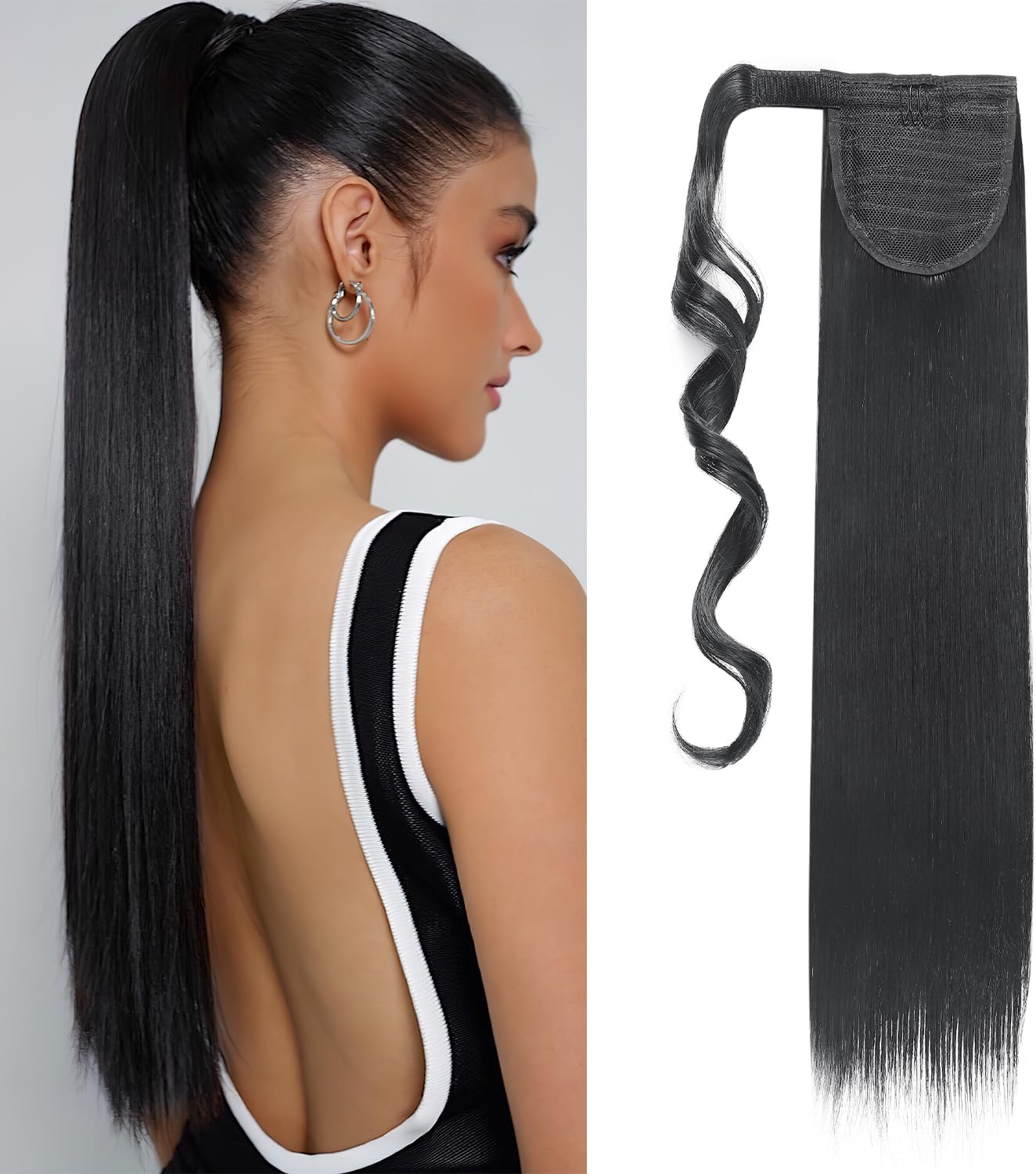 S-noilite® 23" Clip in Hair Extensions Wrap Around Ponytail Long Straight Hairpiece (23 inches, Dark Black)