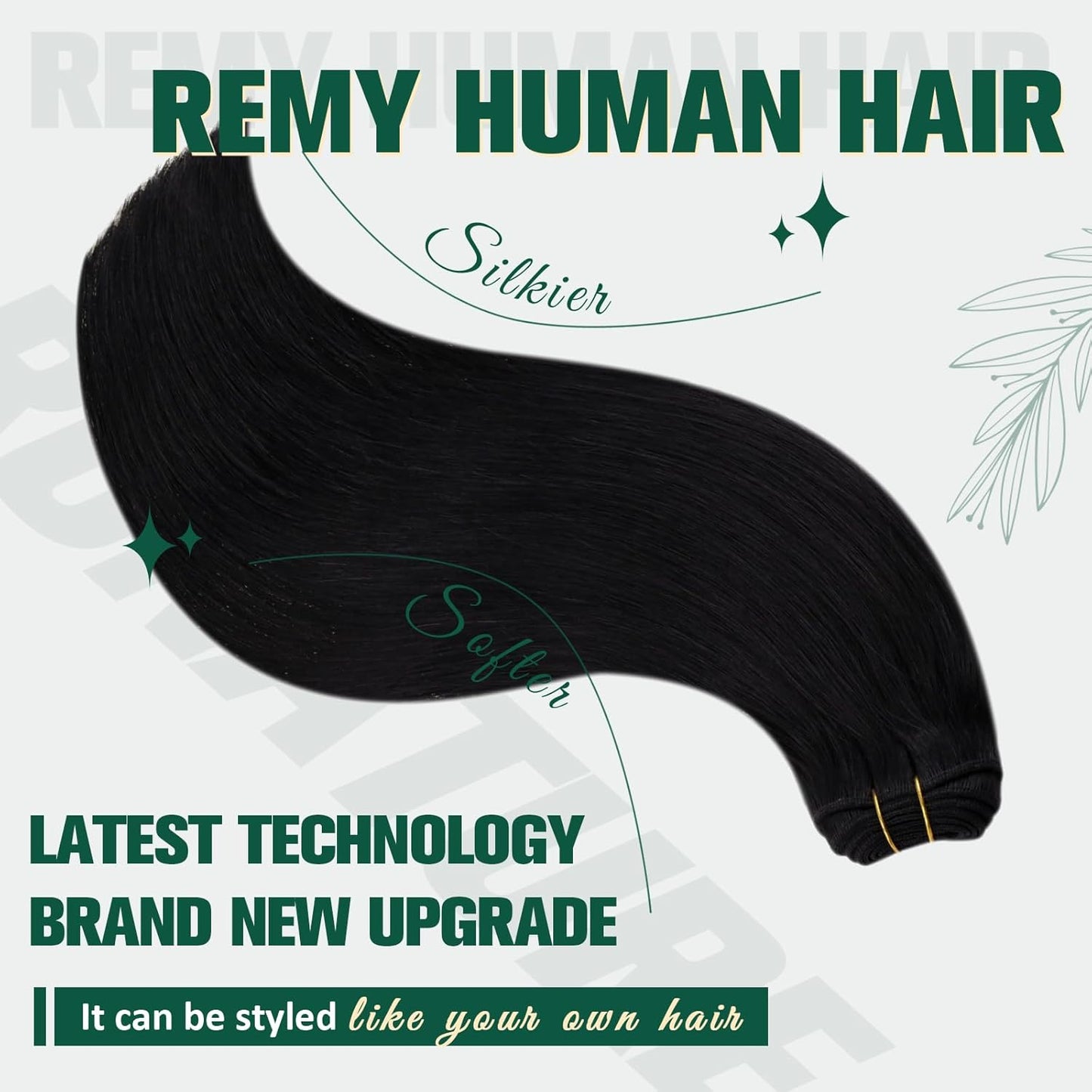 RUNATURE Weft Hair Extensions Real Human Hair Black Double Weft Hair Extensions Sew in Black Human Hair Weft Extensions Straight 16 Inch 100g