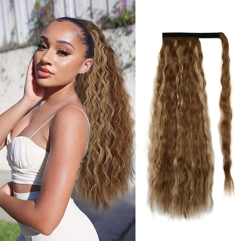 22in Long Curly Ponytail Extensions Kinky Curly Magic Paste Wavy - Dark blonde Mix Ginger