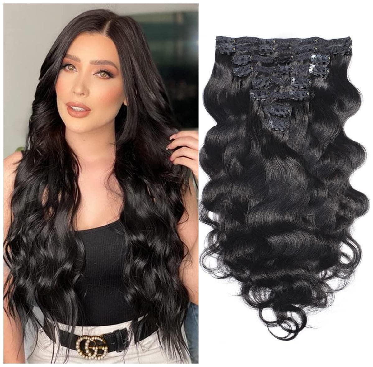 24" Body Wave 100% Human Hair Extensions Clip in-8Pcs Natural Black 1b