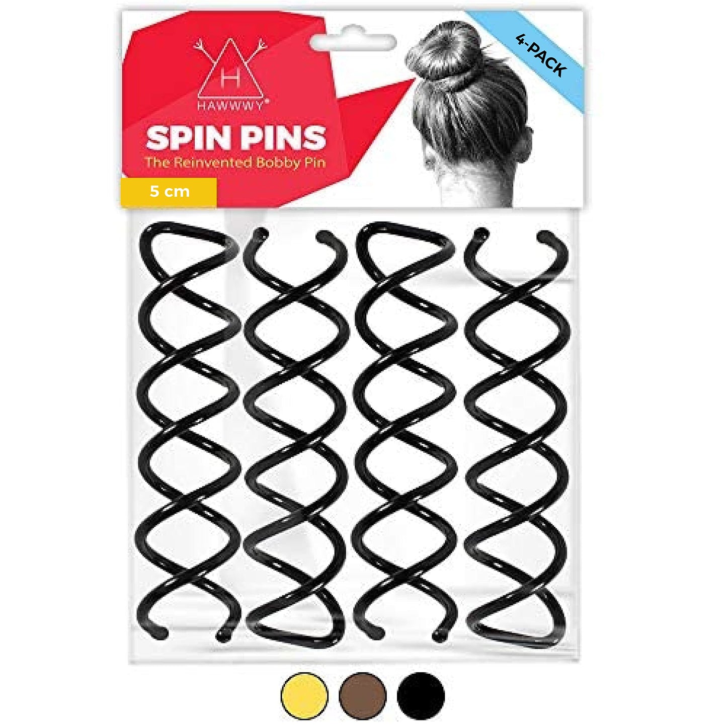 Hawwwy Spiral Spin Pins - 4 Pack Premium Black Spin Pins | Easy & Fast Non-Scratch Alloy Bun Maker Hair Pins for Buns Adults Kids | Messy Bun Bobby Pins Black Hair Accessories