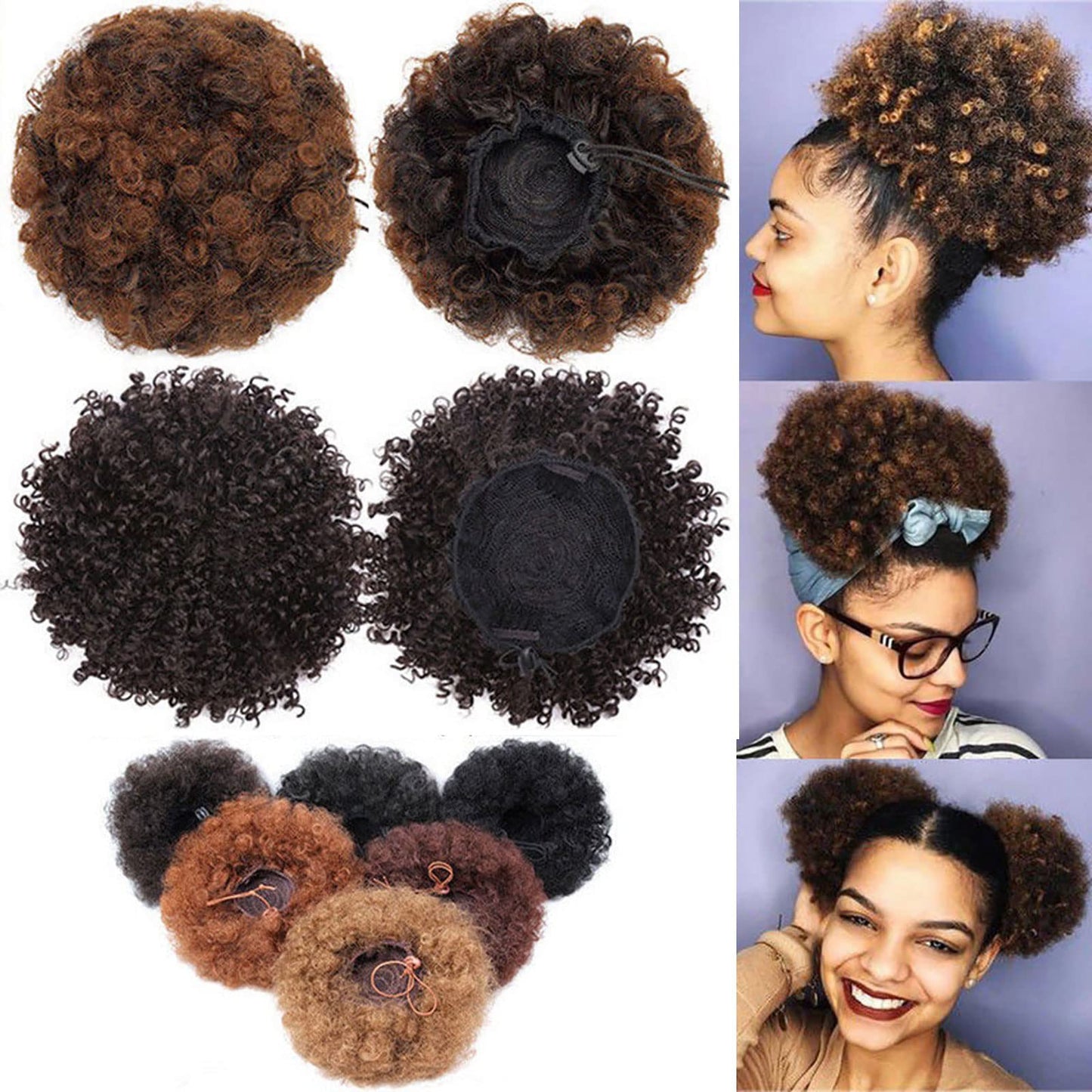Short Afro Kinky Curly Hair Updo Wrap Synthetic Hair Drawstring High Puff Ponytail - Coffee Brown