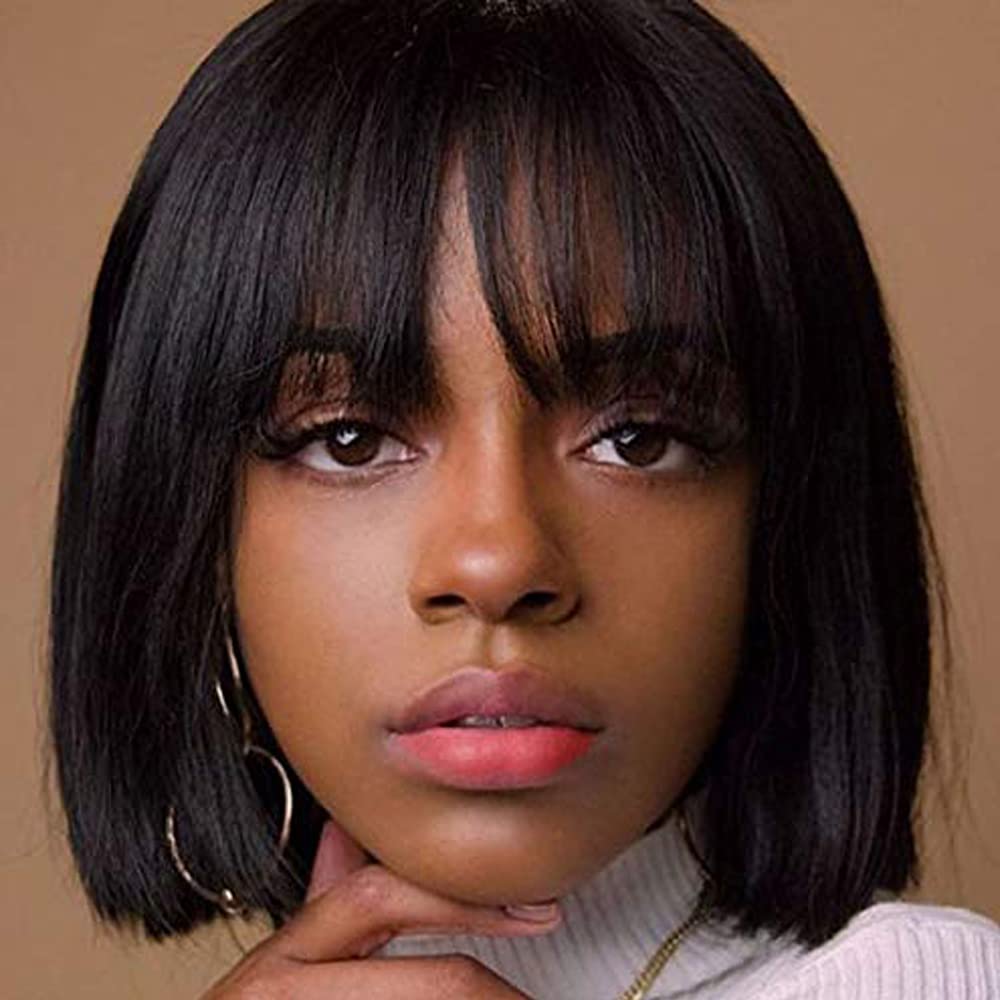 Black Bob Wigs for Women Ladies Wigs Brazilian Human Hair with Fringe Bangs Short Bob Wigs human hair Daily Use (Natural Black 10 inch 150% Density)