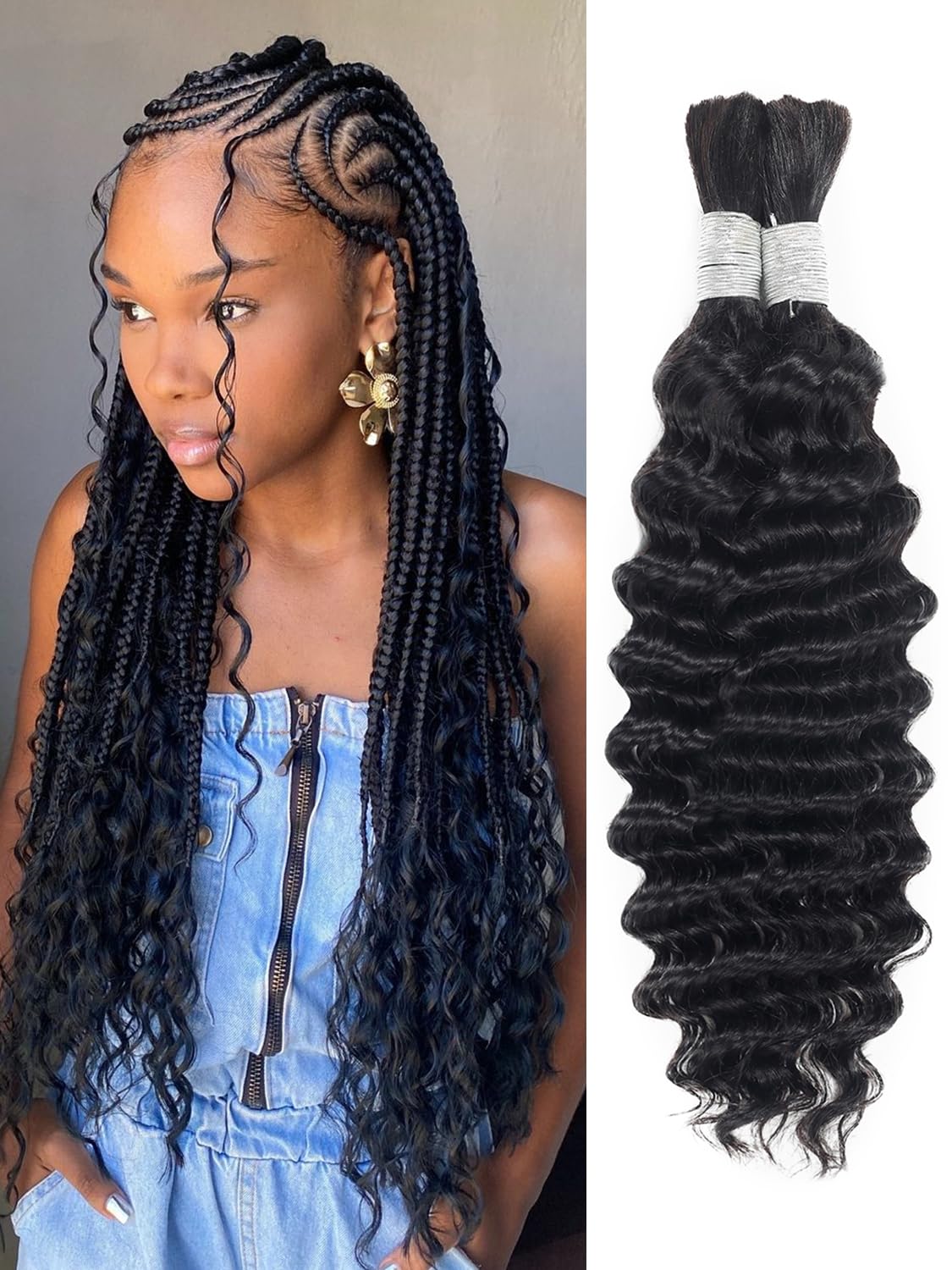 Human Braiding Hair Deep Wave Bulk Human Hair for Braiding 2 Bundles/Pack 100g No Weft Human Deep Curly Braiding Hair for Boho Braids Brazilian Virgin Human Hair Extensions Black Natural Color (20 INCH)