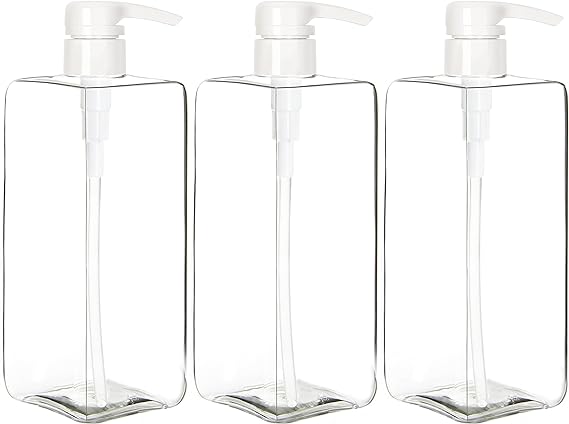 Youngever 3 Pack 700ML Plastic Pump Bottles, Refillable Square Plastic Pump Bottles for Dispensing Lotions, Shampoos and More Clear