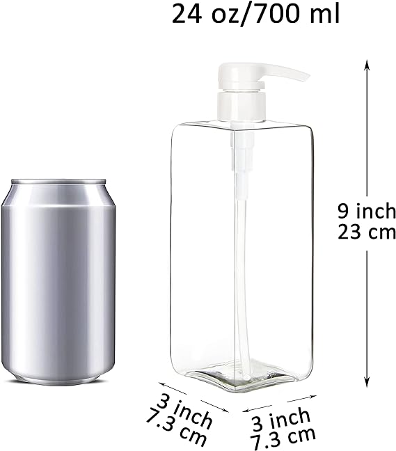 Youngever 3 Pack 700ML Plastic Pump Bottles, Refillable Square Plastic Pump Bottles for Dispensing Lotions, Shampoos and More Clear