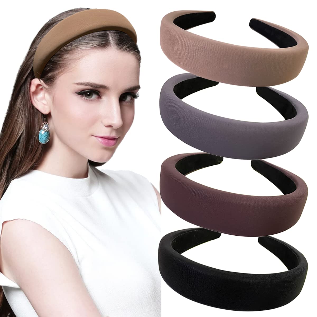 Set of 4 Padded Fashion Headbands For Women, Girls 1.2 inch Wide Leather Like Hairbands Soft Hairband