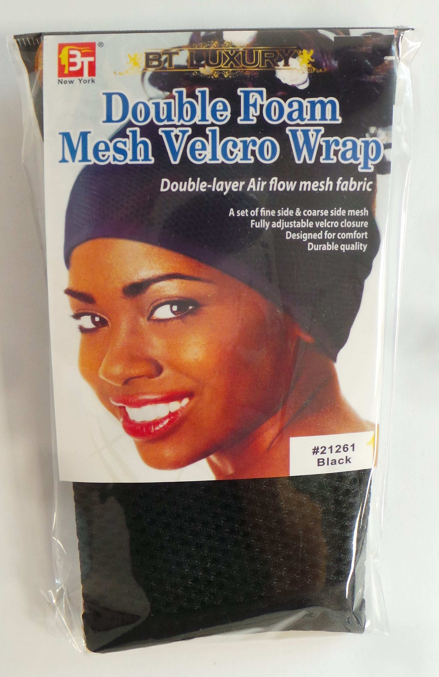 Double Foam Mesh Velcro Wraps For Hair Black, for keeping hair in place. Double-layer air flow mesh fabric. Fully adjustable velcro closure. Designed for comfort.