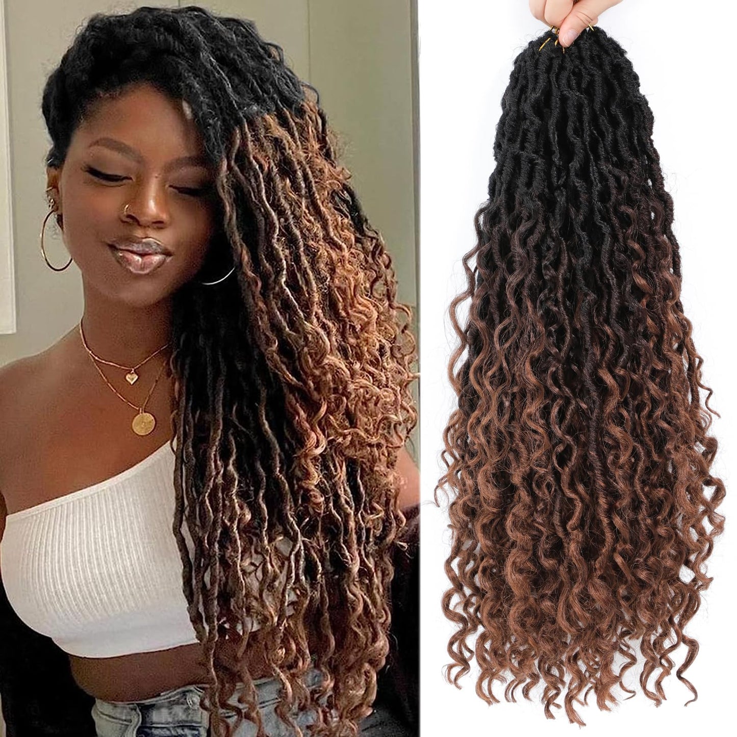 ZIYANGBABA Goddess Locs Crochet Hair Brown 18 Inch 6 Packs Faux Locs Crochet Hair Soft Crochet Locs boho Crochet Synthetic Pre Looped t Braids Curly Ends (18 Inch, 1B/4/30)