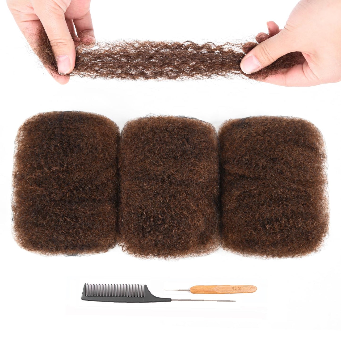 Afro Kinky Curly Human Hair Bulk for Dreadlocks & Twists 100% Human 3-Pack – Medium Brown, 10in