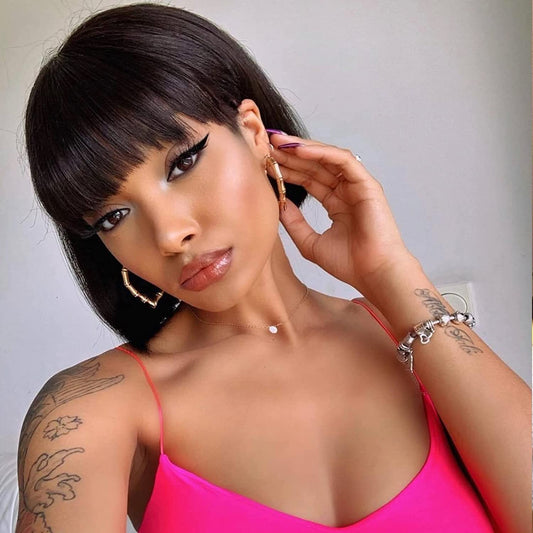 FASHION IDOL Bob Human Hair Wig with Bangs for Women Short Straight Hair 8 Inch Natural Black Glueless Machine Made Short Bob Wigs
