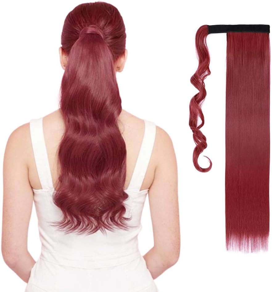 26" Long Straight Wrap Around Ponytail Clip in Hair Extensions One Piece Hairpiece Magic Tape in Pony Tail Extension for Women Dark Red