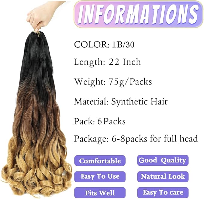 22" French Curly Braiding Hair 22 Inch 6pcs/lot Loose Wavy Spiral Curl Braids French Curl Braiding Hair Synthetic Extensions Yaki Texture Pre Stretched Bouncy Braiding Hair(1B/30/27)