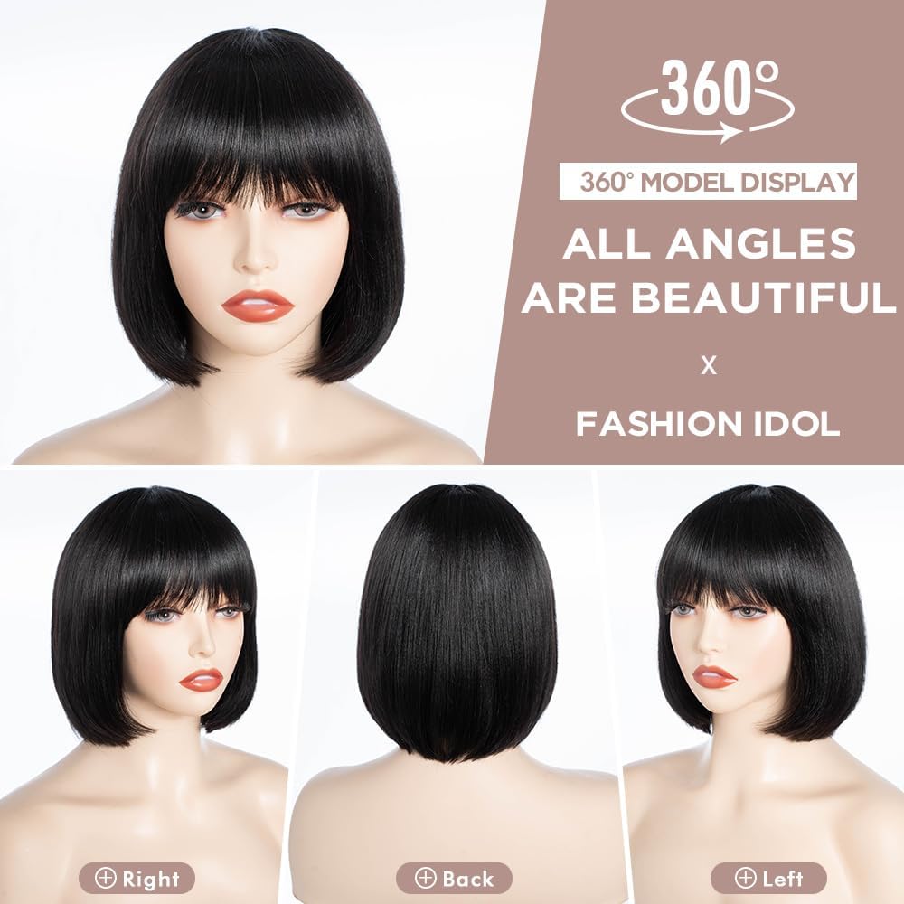 FASHION IDOL Bob Human Hair Wig with Bangs for Women Short Straight Hair 8 Inch Natural Black Glueless Machine Made Short Bob Wigs