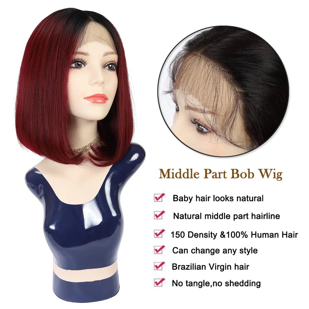 12" Blissource Human Hair Wigs Short Bob Wigs Human Hair 150% Density Lace Front Wigs Short Bob Wigs Brazilian Virgin Human Hair Middle Part Lace Frontal Wigs 12 Inch