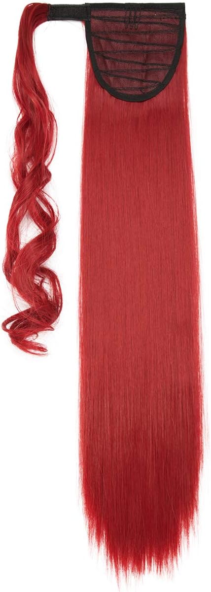 26" Long Straight Wrap Around Ponytail Clip in Hair Extensions One Piece Hairpiece Magic Tape in Pony Tail Extension for Women Dark Red