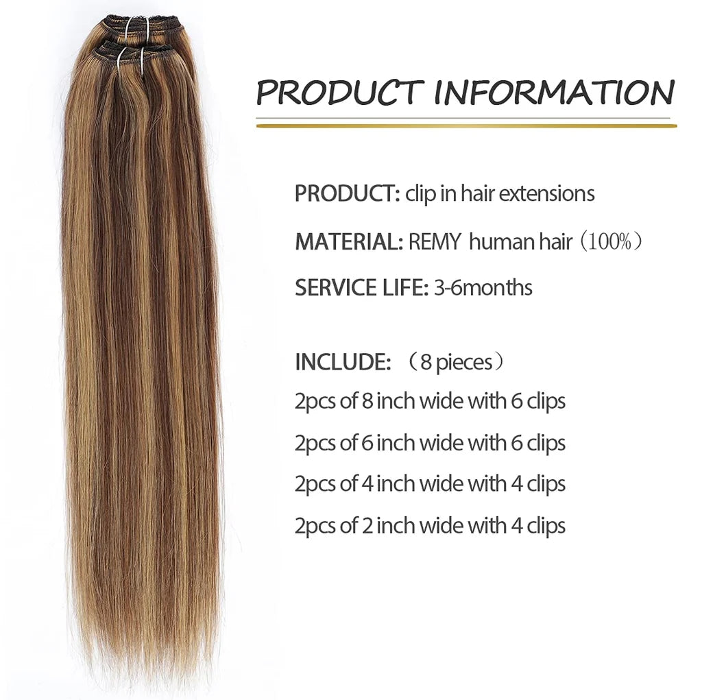 18" Dressmaker, 100% Remy Human Hair Extensions, Full Head 8 Pcs Thin Weft Mix P6 27 Medium Brown Dark Brown, Clip in