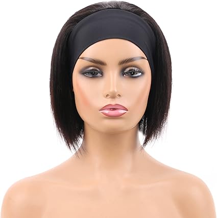 Huarisi 8 inch Short Bob Headband Wigs Human Hair Straight Blunt Cut Brazilian Hair Wigs No Lace without Bangs Natural Color 150 Density - Black hairband