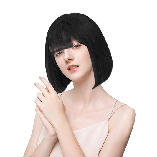 EUPSIIU Short-length Synthetic Straight Wig Black,Short Straight Wigs Flat Bangs Wigs,Short Straight Wig Heat Resistant Hair, (Black)