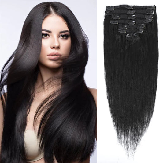 Dressmaker 18" Clip in Hair Extensions Real Human Hair Double Weft 8pcs Remy Human Hair Extensions 18inch 20Clips Natural Straight Human Hair Extensions Clip in(130g,#1)