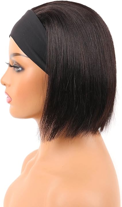 Huarisi 8 inch Short Bob Headband Wigs Human Hair Straight Blunt Cut Brazilian Hair Wigs No Lace without Bangs Natural Color 150 Density - Black hairband