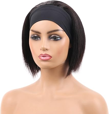 Huarisi 8 inch Short Bob Headband Wigs Human Hair Straight Blunt Cut Brazilian Hair Wigs No Lace without Bangs Natural Color 150 Density - Black hairband