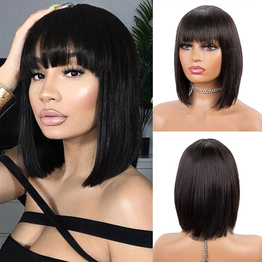 12" VAIRETY Short Bob Wig Human Hair, Brazilian Wigs Human Hair Straight Remy Virgin Wigs With Bangs, Short Wigs Black Non Lace Front Wigs Full Machine Wigs For Women (1B, 12)