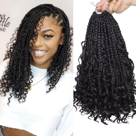 XTREND 10Inch 8Packs Boho Box Braids Crochet Hair with Curly Ends 14strands/pack Pre Looped Black Messy Goddess Box Braids Hair Extensions Individual Synthetic Bob Goddess Locs Hair, #1B
