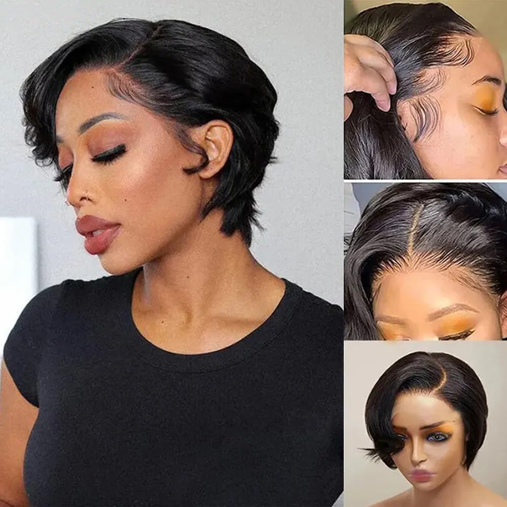 Fereowth 13x4 Lace Front Short Pixie Cut Wigs Short Human Hair Wigs 100% Brazilian Hair, 150% Density, Natural Black
