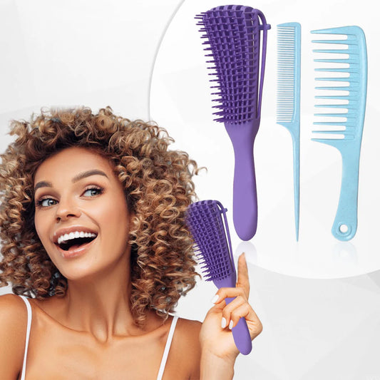 Detangler Hair Brush for Women Wet Curly Hair, Detangling Brush with Wide Tooth Comb Rat Tail Combs for Parting Hair Styling Comb Set 3 Pieces Professional Adjustable Tool