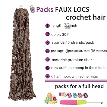 JHZHONG Soft Locs Goddess Curly Wavy Pre-lopped Goddess Locs Dreadlocs Synthetic Hair Extensions-36inch 8Packs（30#-Brown)