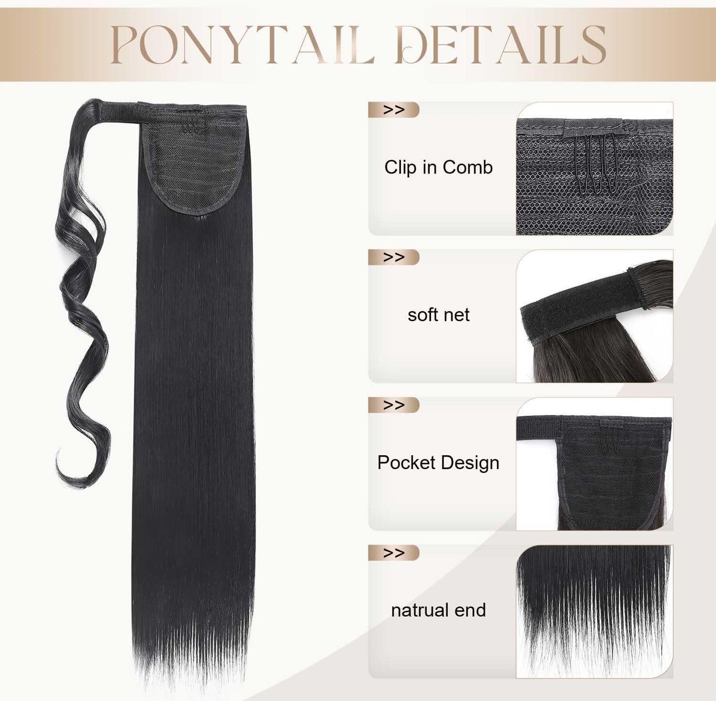 S-noilite® 23" Clip in Hair Extensions Wrap Around Ponytail Long Straight Hairpiece (23 inches, Dark Black)