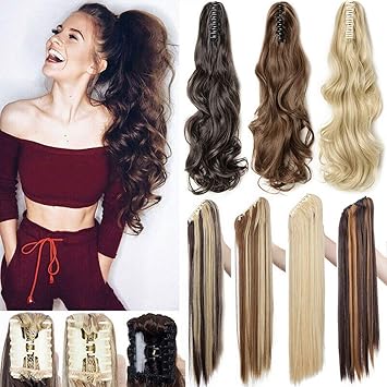 Long Short Claw Ponytail Hair Extensions One Piece Cute Clip in on Ponytail Jaw Claw on Straight Curly Hairpiece Brown Blonde Black Ombre 12" Curly Dark Black