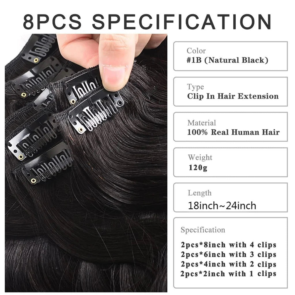 24" Body Wave 100% Human Hair Extensions Clip in-8Pcs  Natural Black 1b