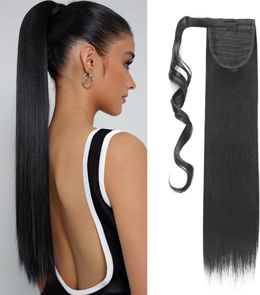 S-noilite® 23" Clip in Hair Extensions Wrap Around Ponytail Long Straight Hairpiece (23 inches, Dark Black)
