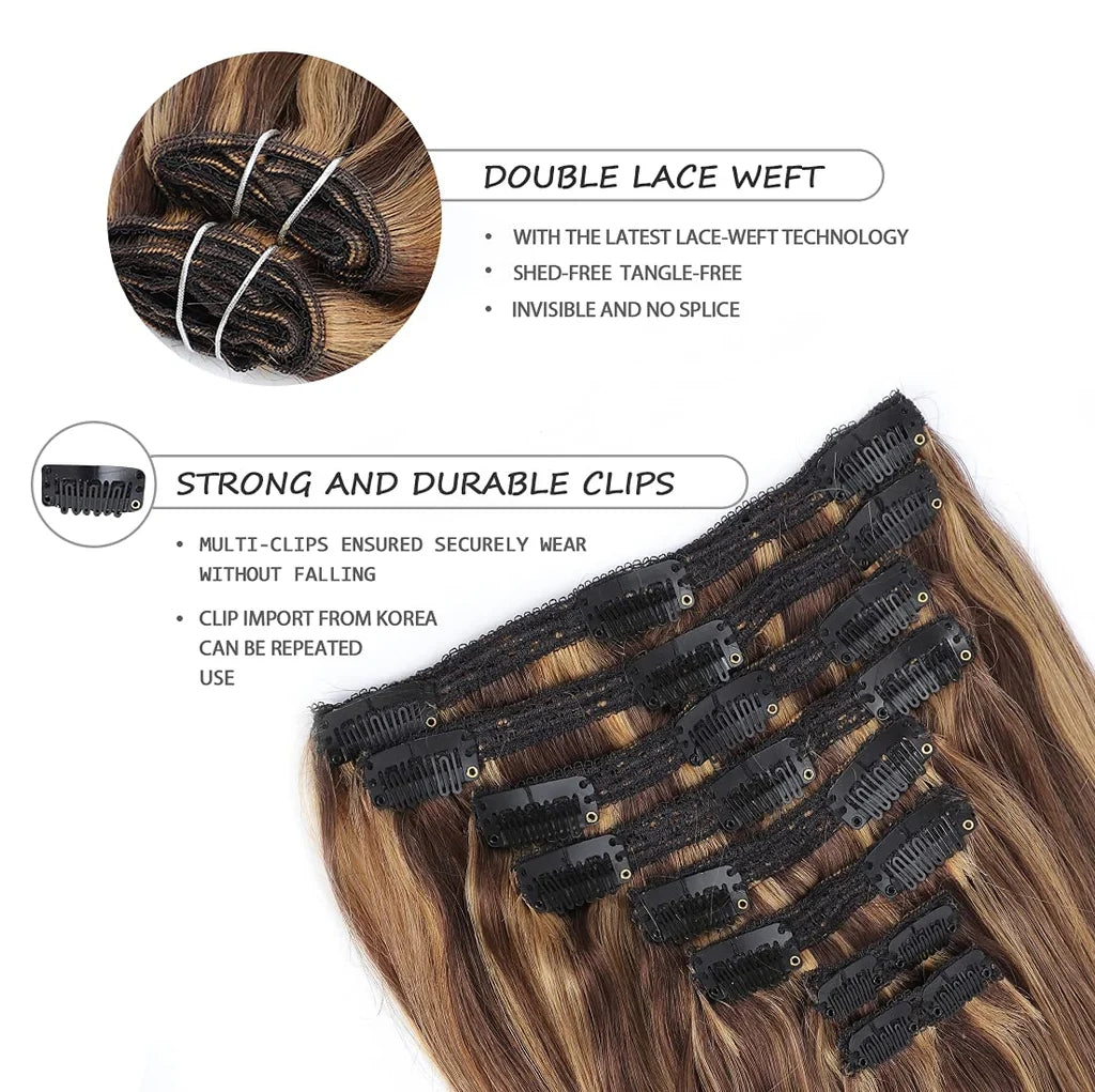 18" Dressmaker, 100% Remy Human Hair Extensions, Full Head 8 Pcs Thin Weft Mix P6 27 Medium Brown Dark Brown, Clip in