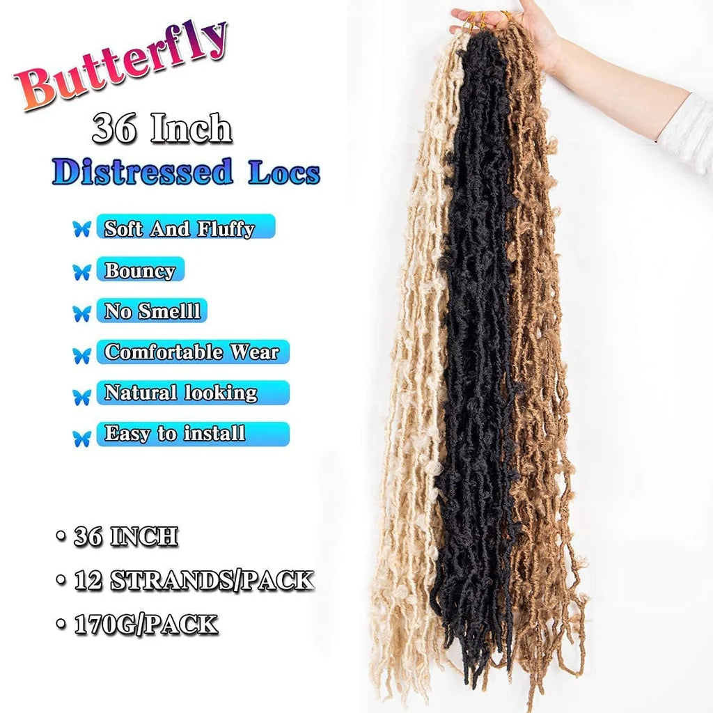 36 Inch Butterfly Locs Crochet Hair 3 Packs Long Faux Locs Crochet Braids Pre looped Distressed Butterfly Soft Locs Crochet Dreadlocks Synthetic Hair Extensions