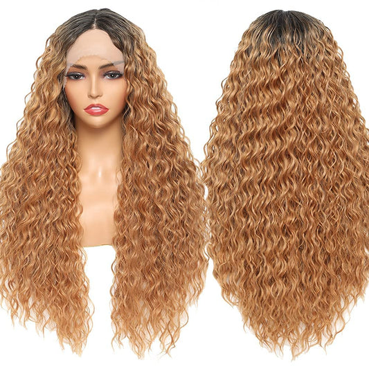 Sylhair Curly Lace Front Wig 30" Dark Root Ombre Red Brown Water Wave Hair Wig Transparent Lace Wig