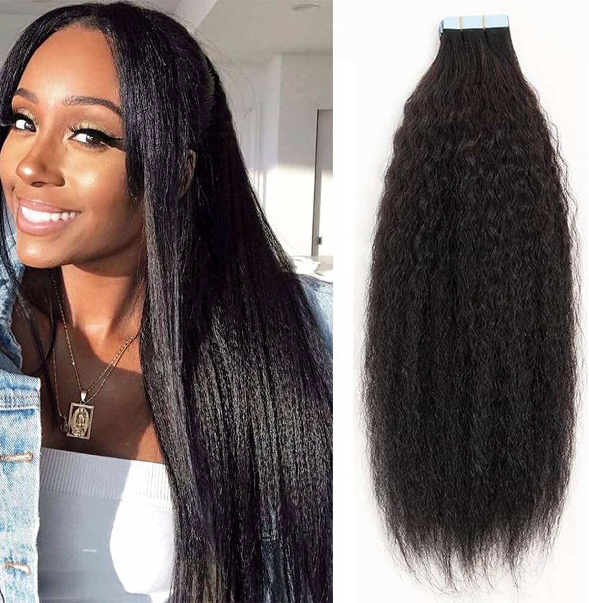Kinky Straight Tape in Hair Extensions Human Hair  22 Inch Tape in Extension 20 Pcs Skin Weft Tape Hair Extensions 1B Natural Black 